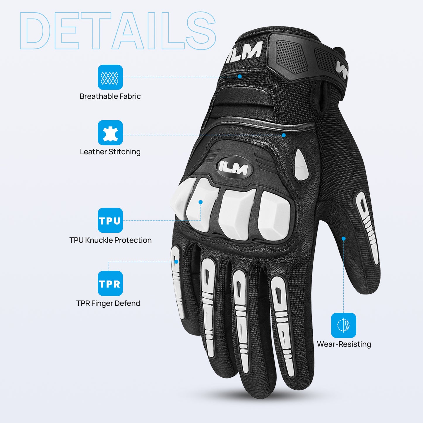 Guantes de moto JC10 ILM Textil-Cuero / Blanco-Negro